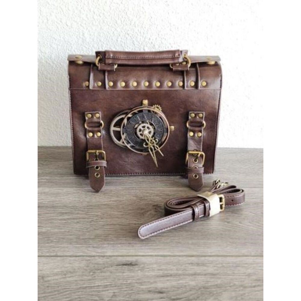 Brown Unique Steampunk Messenger Bag/Purse PU Leather New WOT